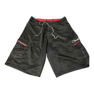 O'Neill Board Shorts Mens XL Cargo Swim Trunks Black Red Pockets Surf Swimwear